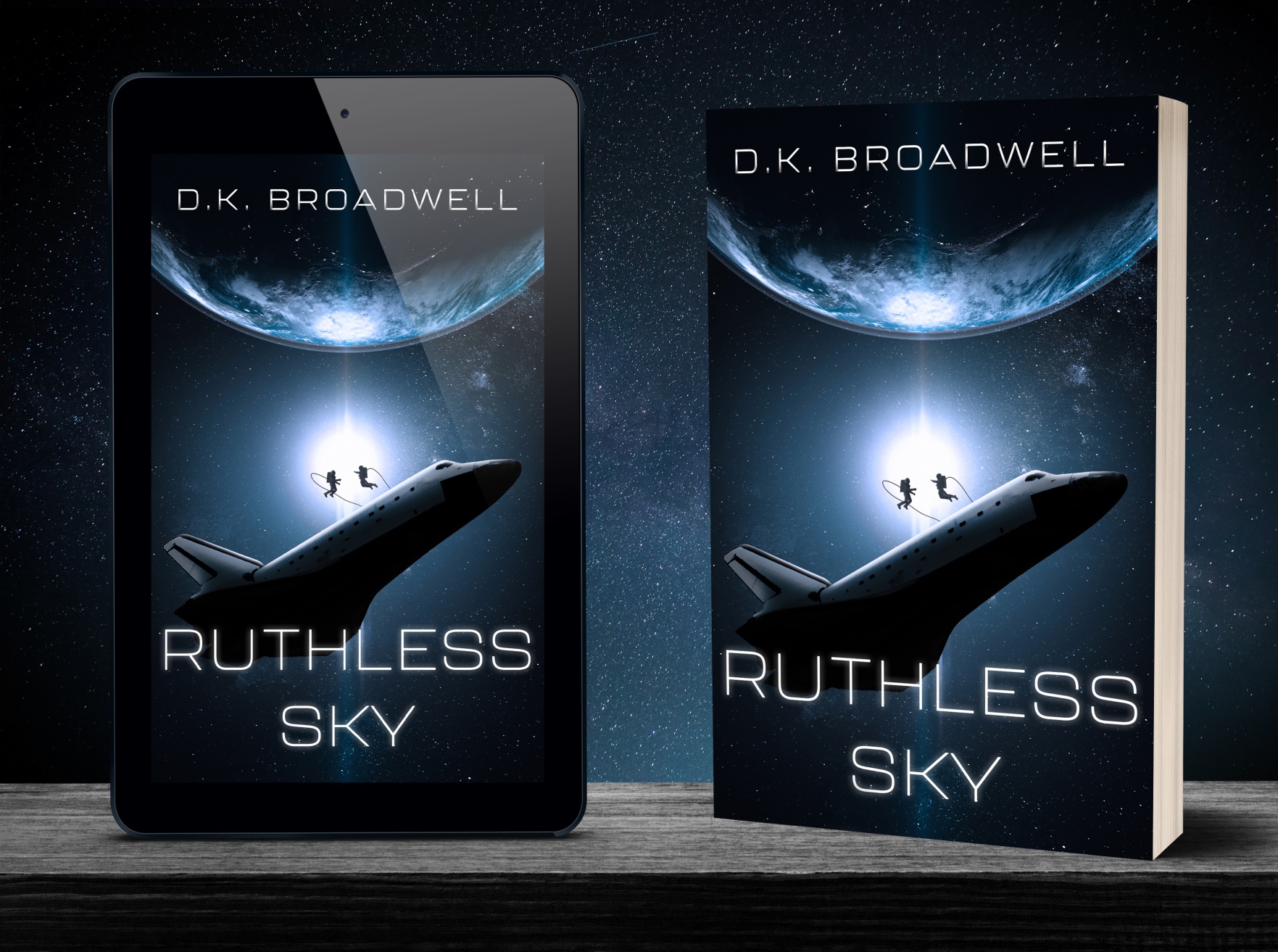 A 3D Mockup of the printed Ruthless Sky novel next to a tablet with the eBook version of the novel.